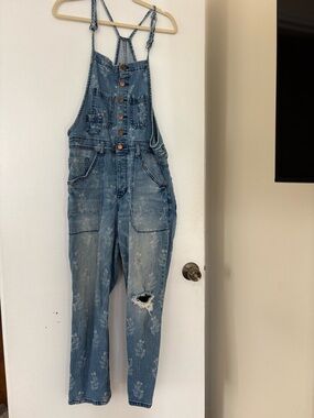 Anthropologie Light Blue Floral Denim Overalls